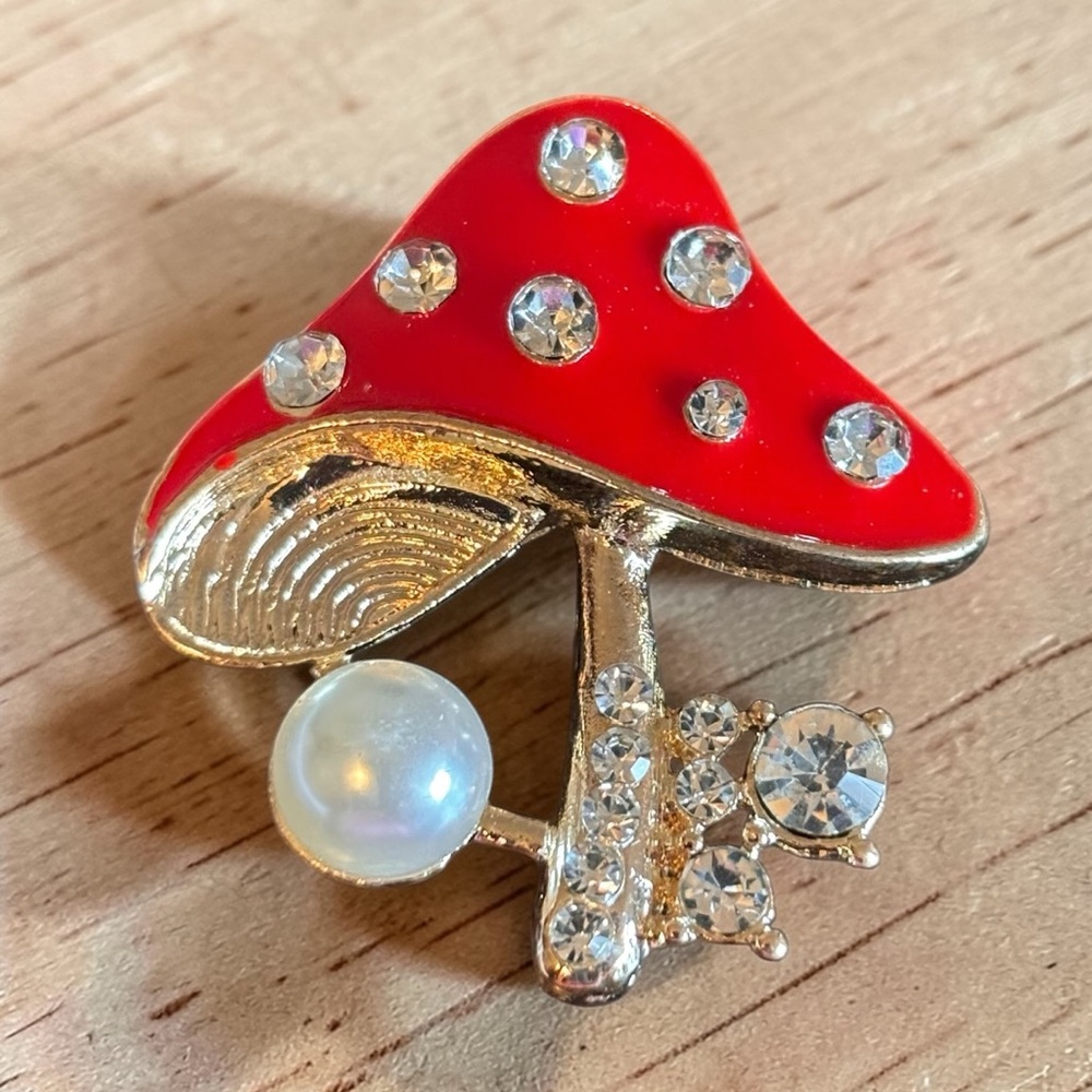 Mint Red Enamel Mushroom Brooch with Pearl and Crystals